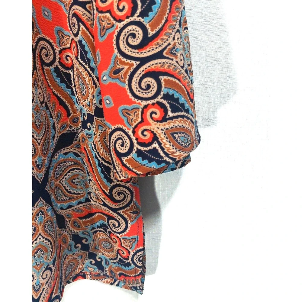 Chaus NY Womens Large Paisley Popover Blouse 3/4 Roll Tab Sleeves V Neck